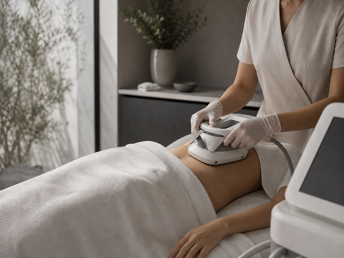 Professional body contouring treatment room with advanced device